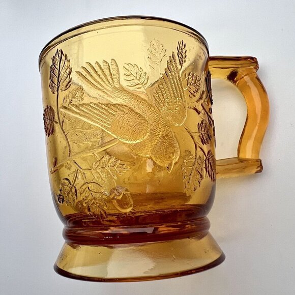 Antique 1880s Robin In Tree Amber Glass Mug No. 1203 - Picture 1 of 8